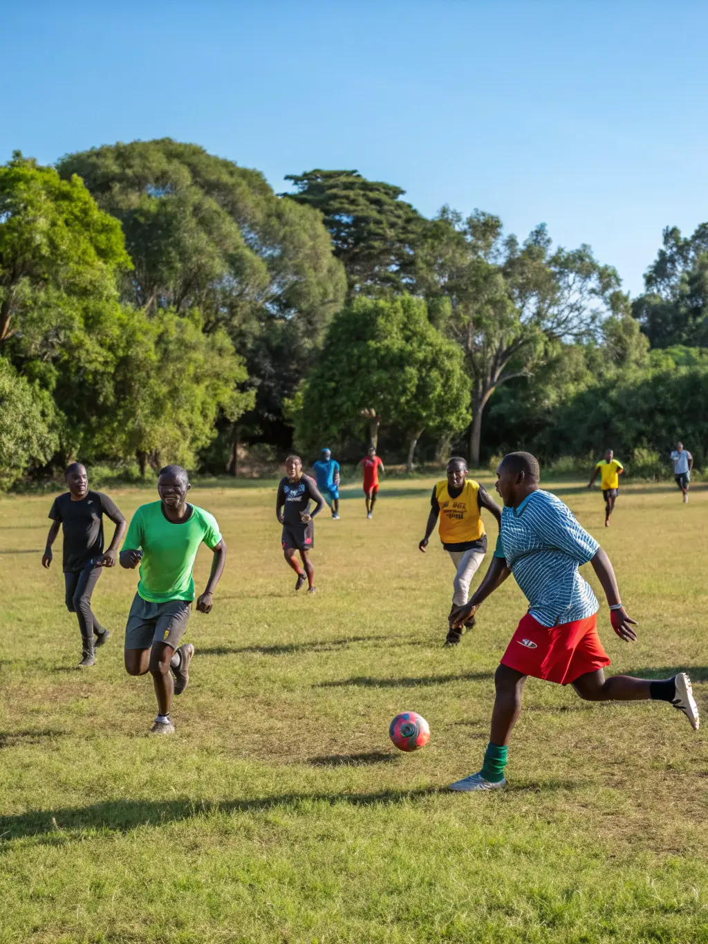 A group of diverse individuals participating in a recreational soccer game, showcasing teamwork and community spirit.