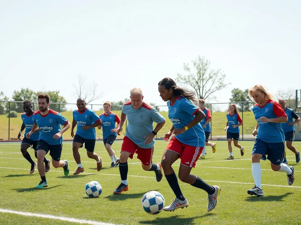 A vibrant image of community members playing soccer on a sunny day, smiling and engaging in friendly competition, showcasing the recreational sports programs offered by CLUB QUARTIER RIVET.