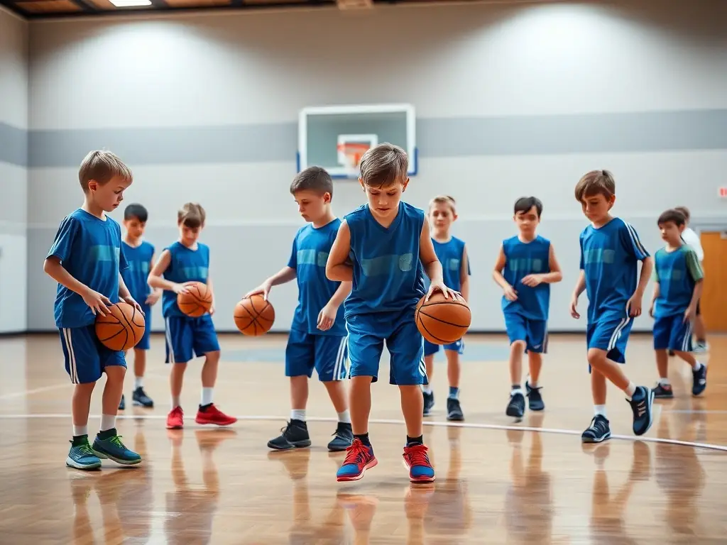 A dynamic shot of young athletes practicing basketball drills under the guidance of a coach in a well-lit gym, highlighting the competitive sports training programs at CLUB QUARTIER RIVET.
