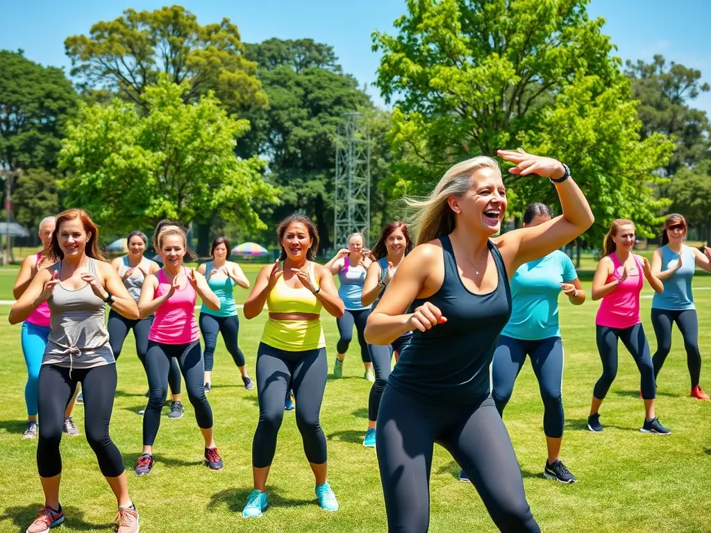 A group of community members participating in a fitness class outdoors, highlighting the inclusivity and health-focused initiatives of CLUB QUARTIER RIVET.