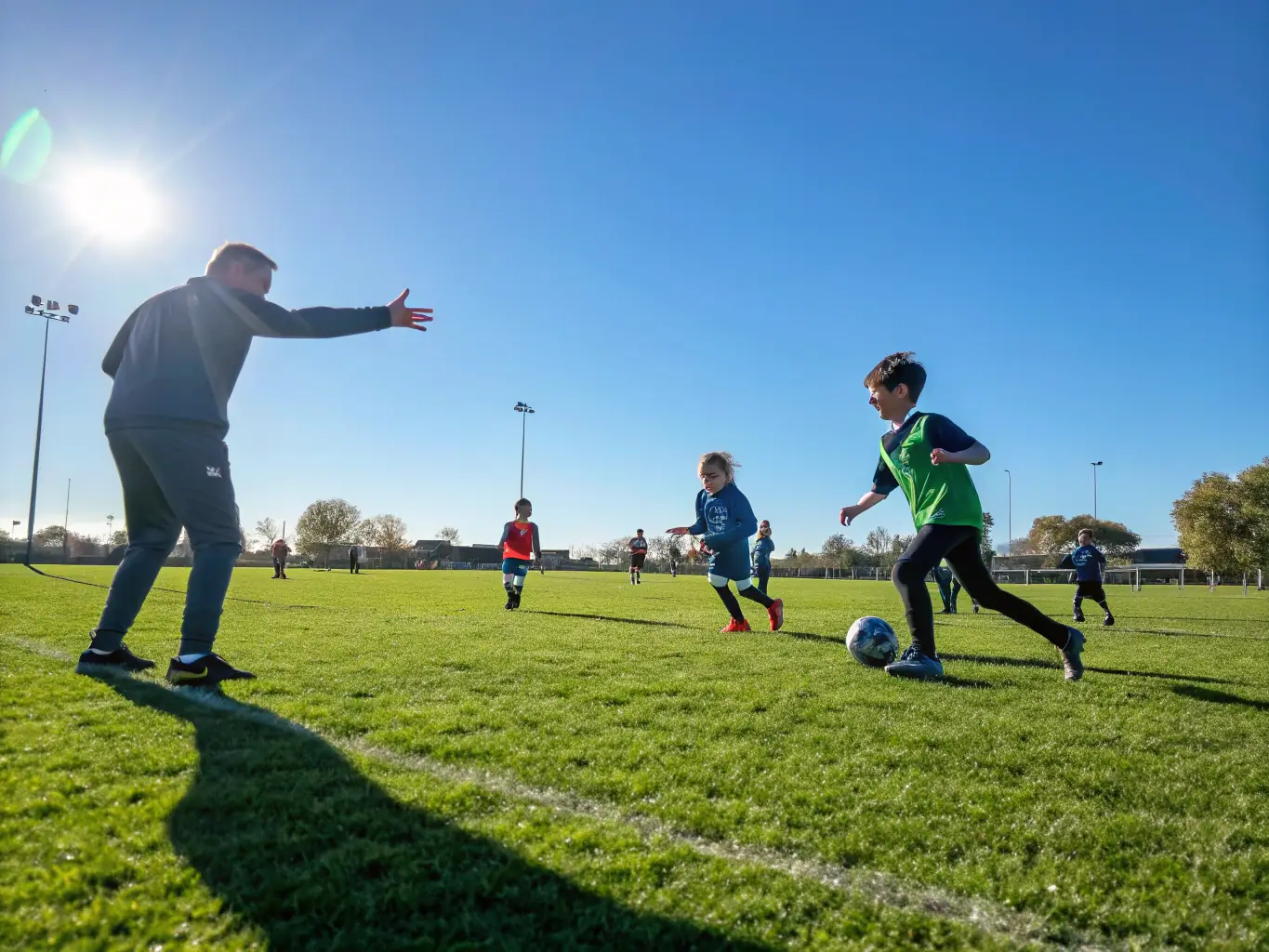 A vibrant image of children participating in a soccer clinic, showcasing teamwork and fun under the guidance of a coach at CLUB QUARTIER RIVET.