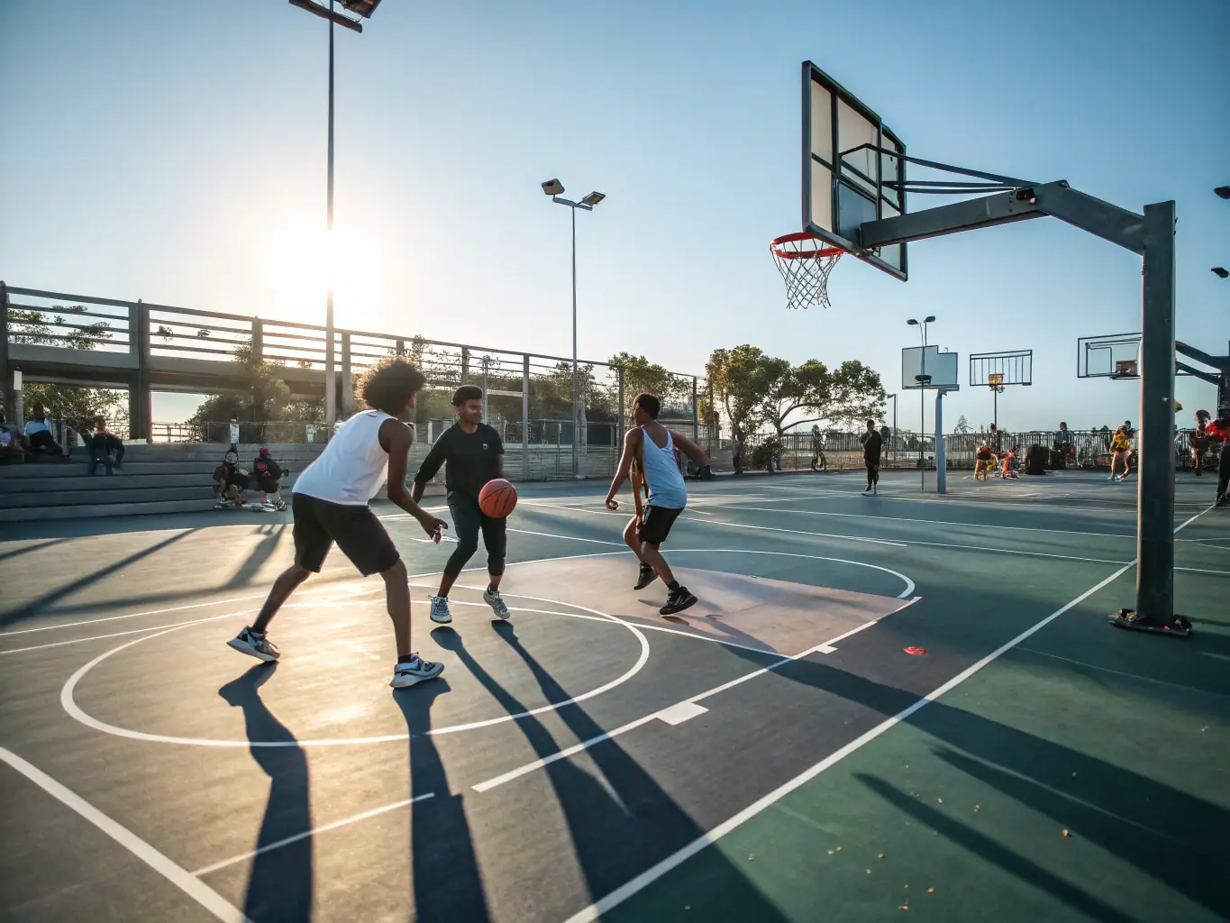 An action shot of adults playing basketball in a well-lit indoor court, emphasizing the competitive yet friendly atmosphere at CLUB QUARTIER RIVET.