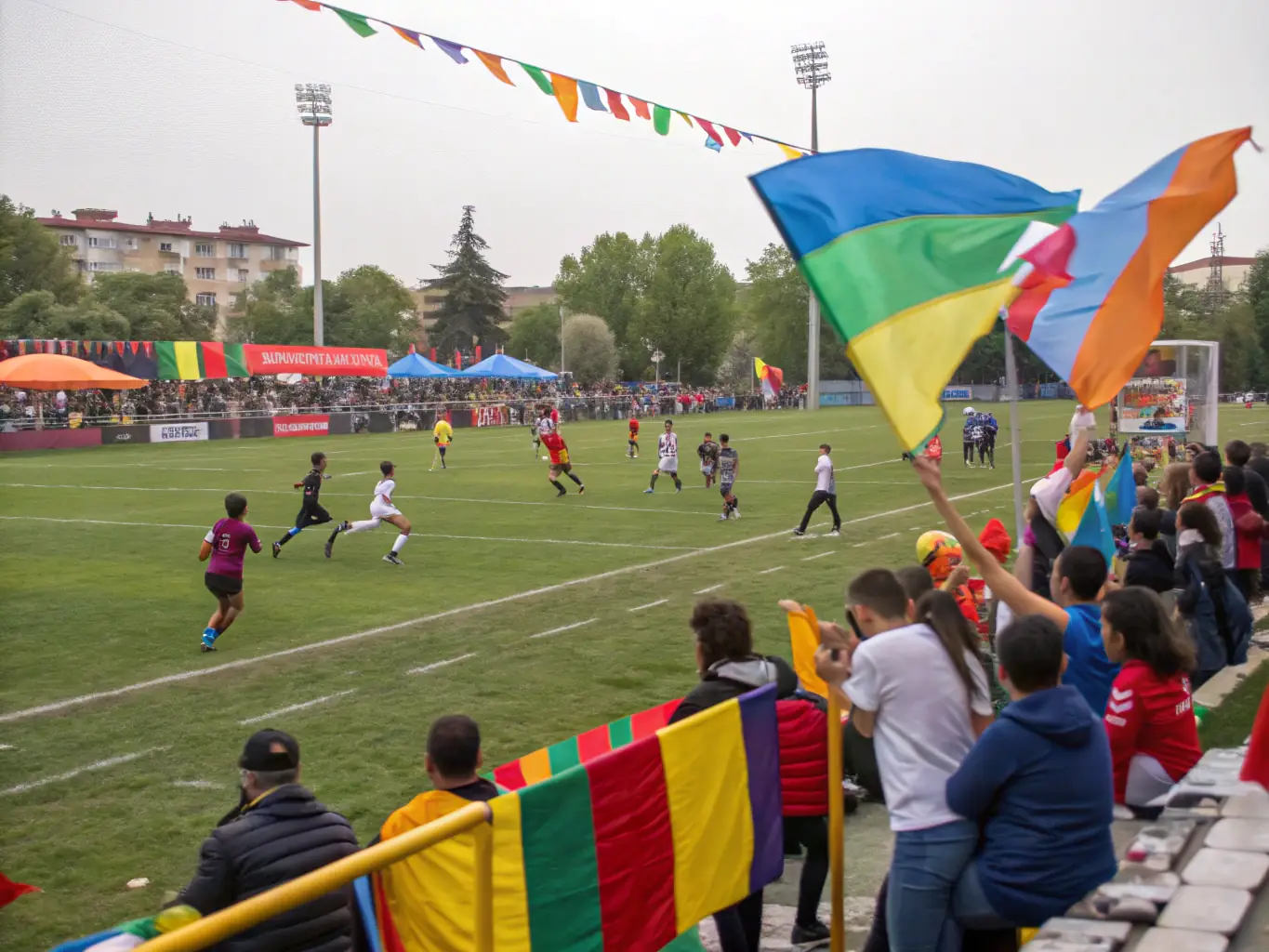 A lively image of a local sports tournament with teams competing and spectators cheering, representing the community events and tournaments organized by CLUB QUARTIER RIVET.