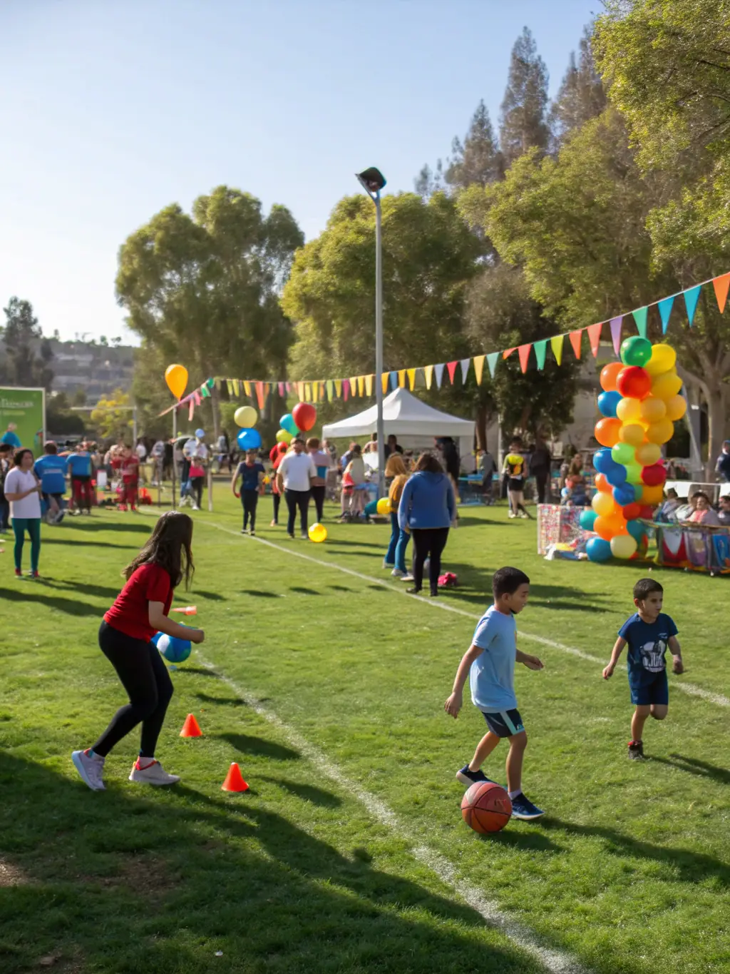A community event with families participating in various sports activities, highlighting community engagement and social interaction.